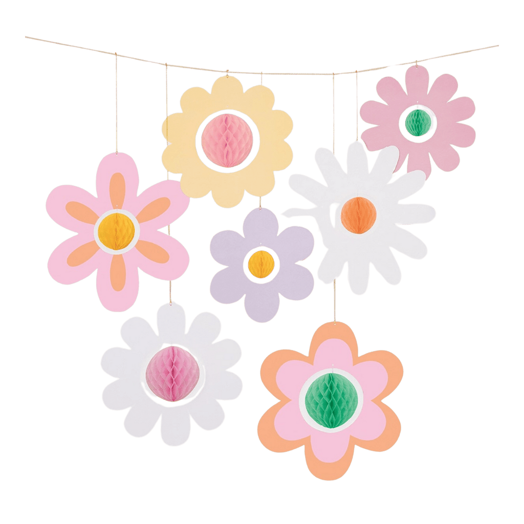 Pastel flower garland with paper blooms for spring decor from Parte Haus party supply store in Bethesda MD