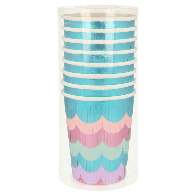 Blue and pastel scallop paper cups with shiny finish mermaid birthday theme from Parte Haus party supply store in Bethesda MD