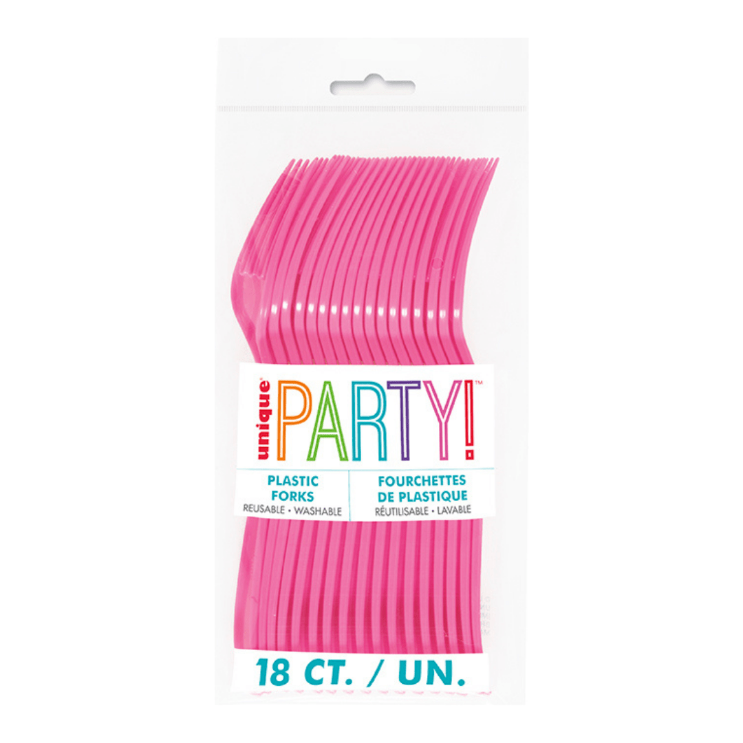 Pink plastic forks set in clear packaging celebration theme from Parte Haus party supply store in Bethesda Maryland