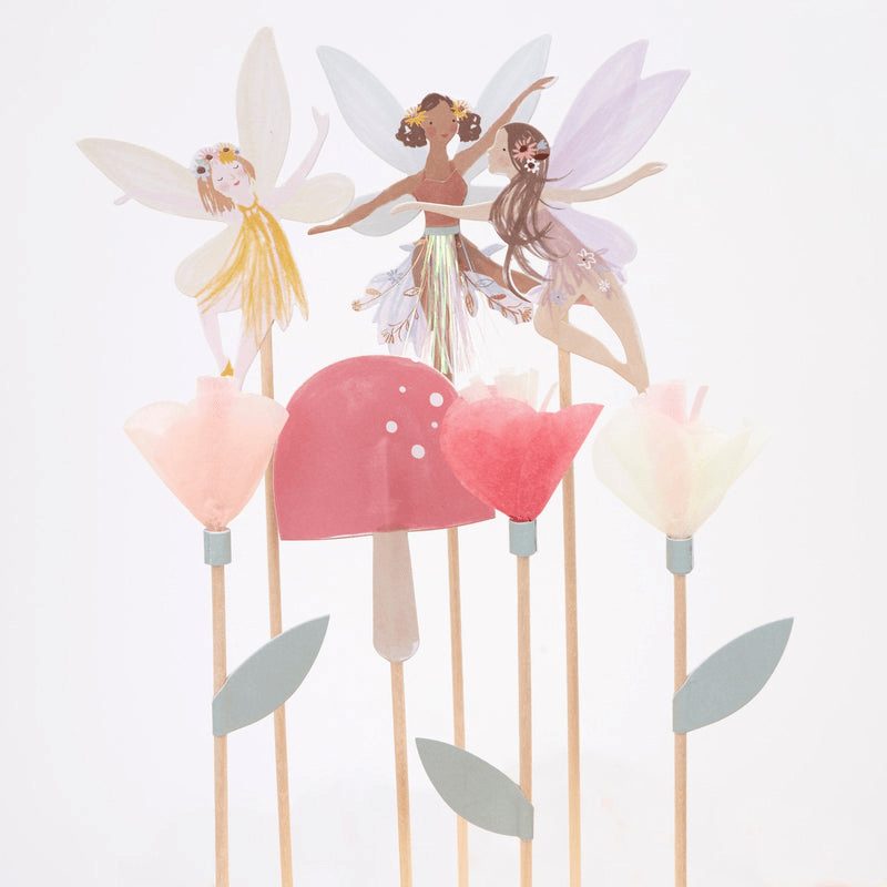 Multicolored fairy cake toppers with flowers and mushroom woodland birthday from Parte Haus party supply store in Bethesda Maryland