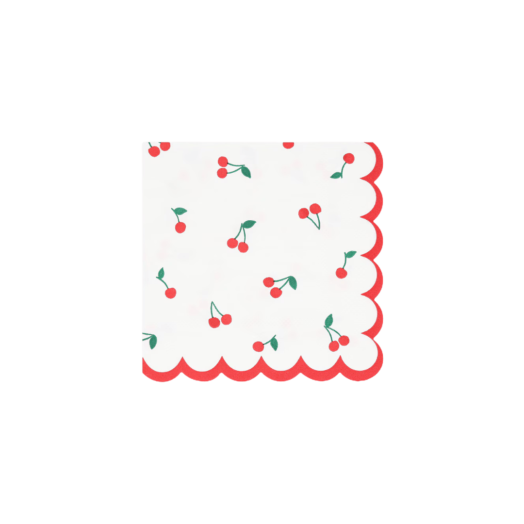 White cherry napkin with red scalloped edge for summer picnic from Parte Haus party supply store in Bethesda MD