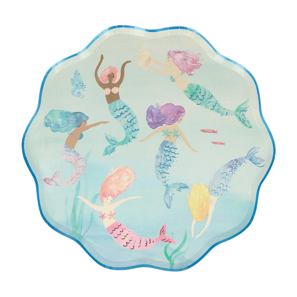 Multi-color mermaid paper plate with scalloped edge under the sea theme from Parte Haus party supply store in Bethesda MD