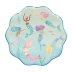 Multi-color mermaid paper plate with scalloped edge under the sea theme from Parte Haus party supply store in Bethesda MD