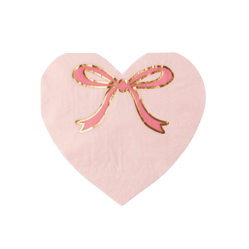 Pink heart shaped napkin with gold bow for birthday or Valentine theme from Parte Haus party supply store in Bethesda MD