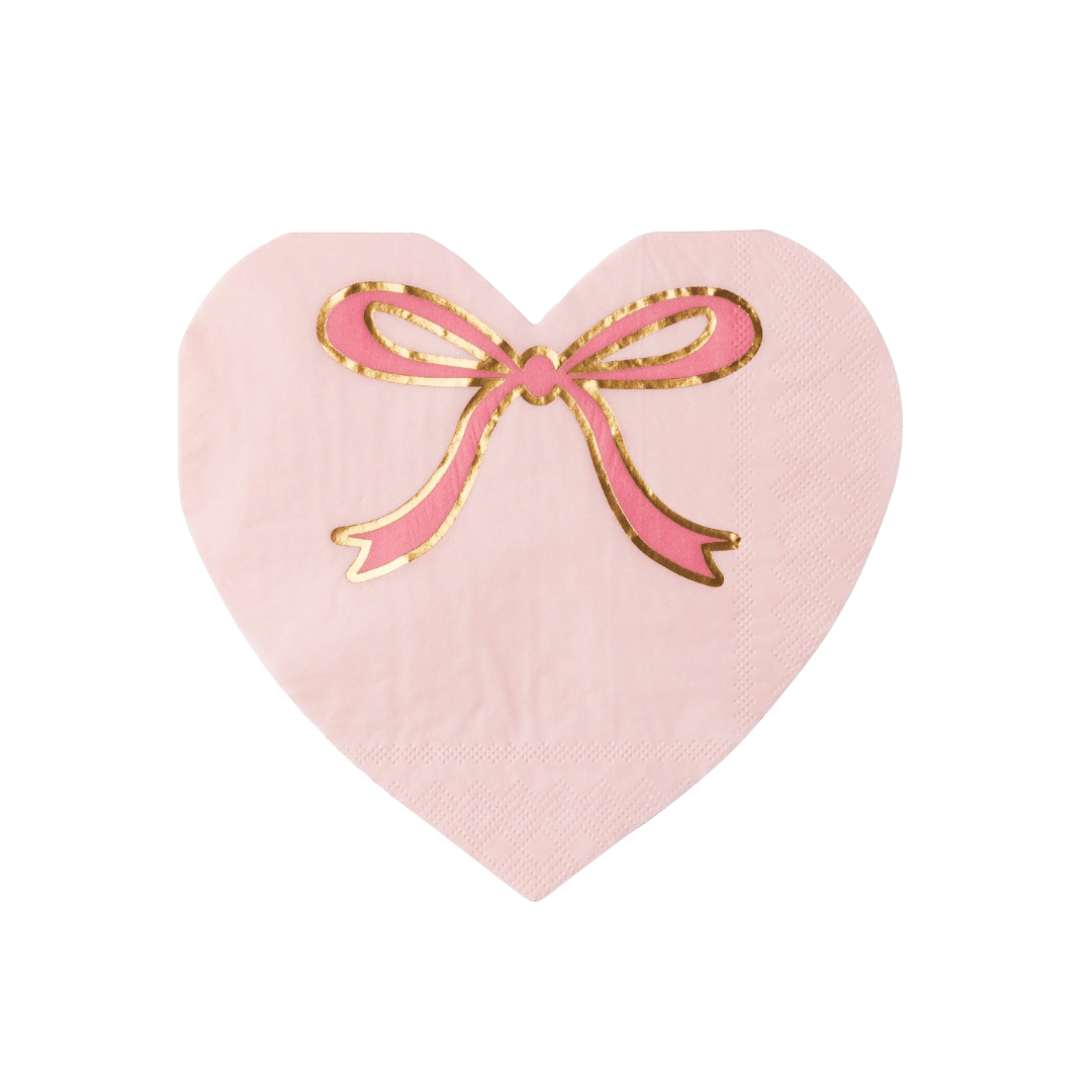 Pink heart shaped napkin with gold bow for birthday or Valentine theme from Parte Haus party supply store in Bethesda MD