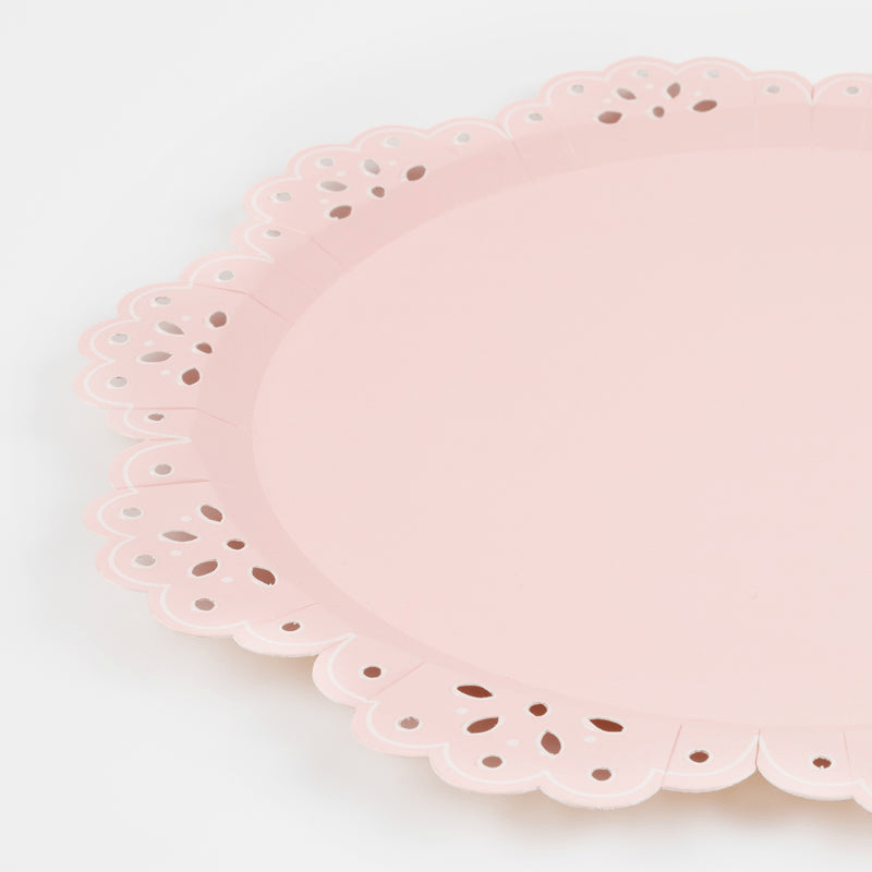 Pink scalloped plate with cutout edge for birthday from Parte Haus party supply store in Bethesda Maryland