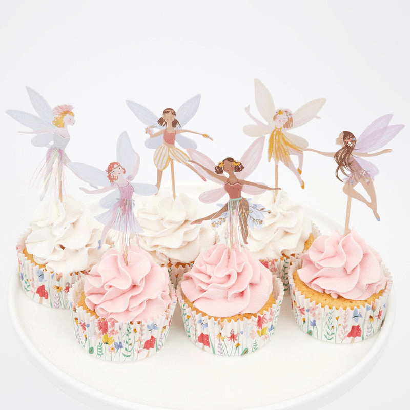 Pink and white fairy cupcake toppers whimsical decoration fairy birthday theme from Parte Haus party supply store in Bethesda MD