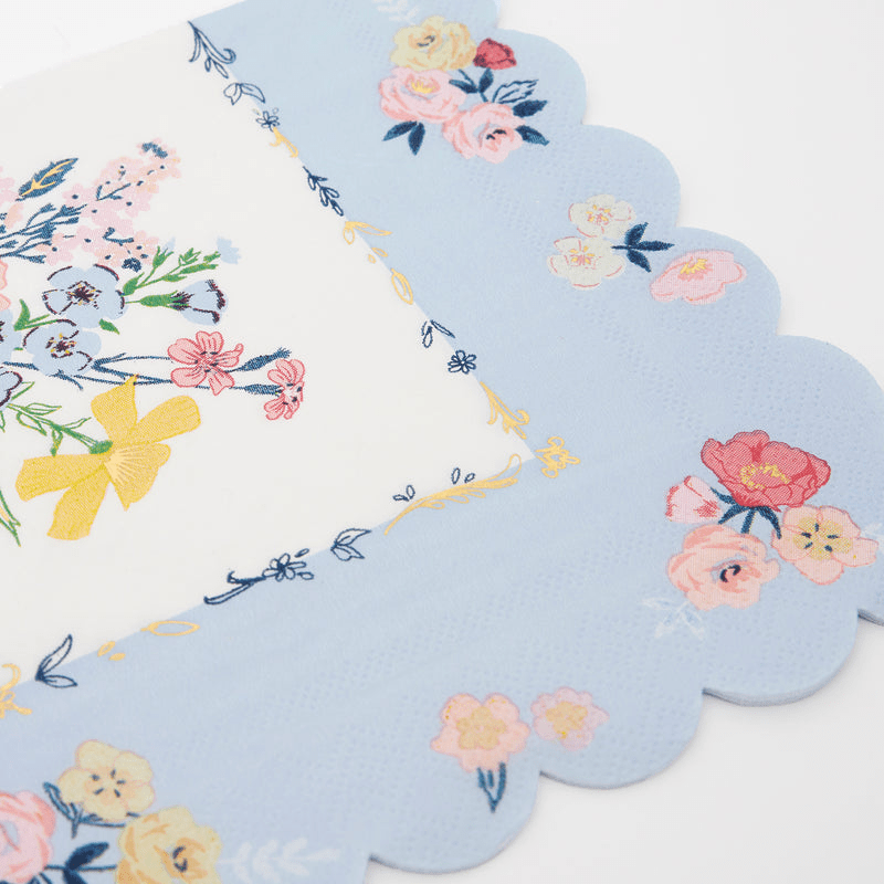 Blue floral napkin with scalloped edge spring theme from Parte Haus party supply store in Bethesda MD