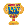 Yellow trophy shaped World's Best Dad balloon for Father's Day from Parte Haus party supply store in Bethesda MD.
