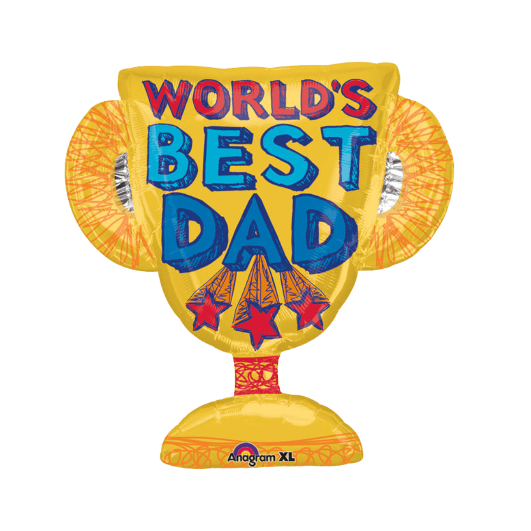 Yellow trophy shaped World's Best Dad balloon for Father's Day from Parte Haus party supply store in Bethesda MD.