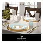Gold and mint plate set elegant tableware for dinner party from Parte Haus party supply store in Bethesda Maryland