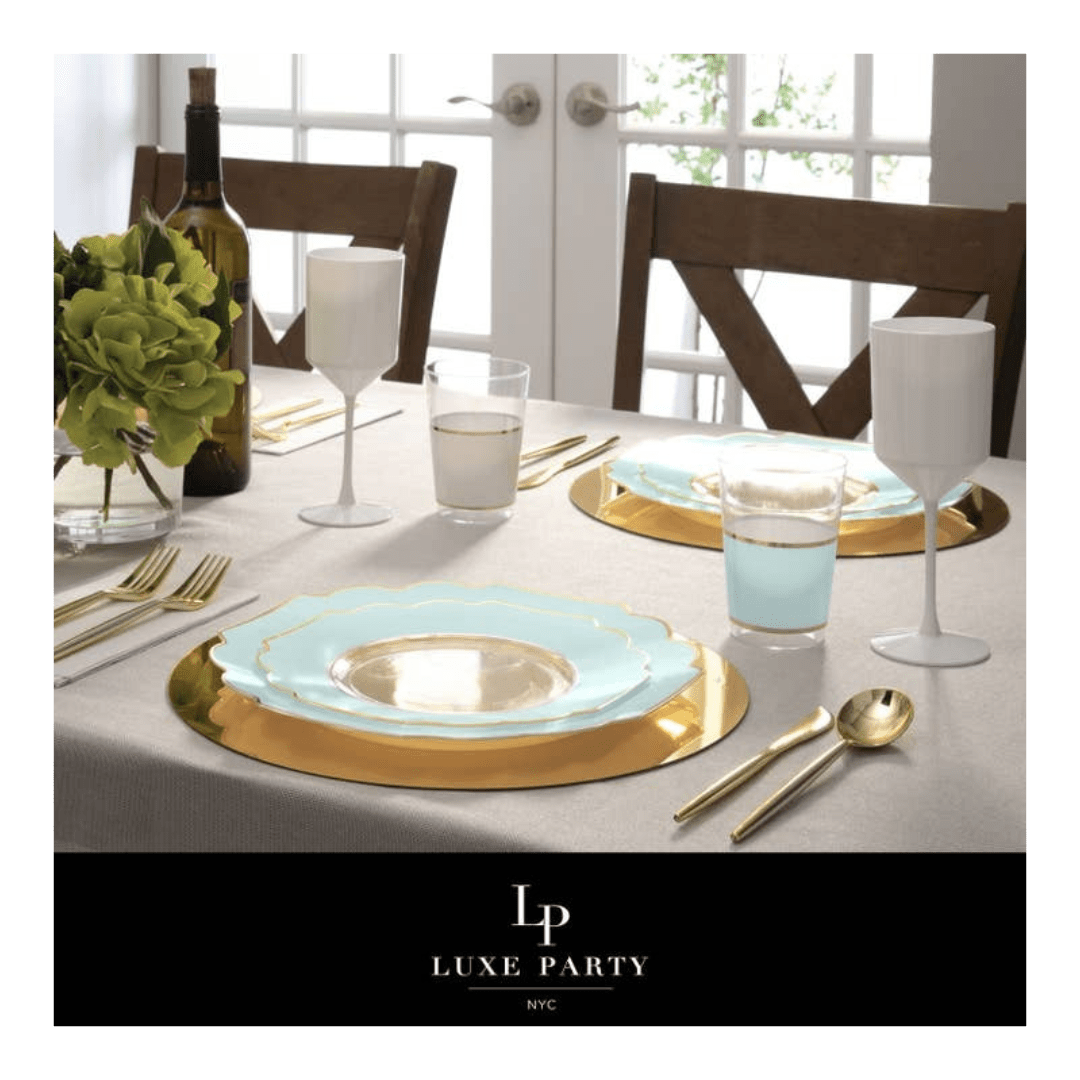 Gold and mint plate set elegant tableware for dinner party from Parte Haus party supply store in Bethesda Maryland