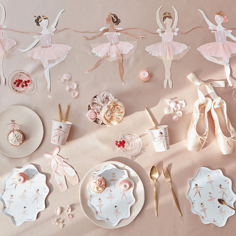 Pink ballerina birthday tableware with floral accents ballet theme from Parte Haus party supply store in Bethesda MD