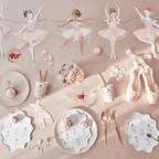 Pink ballerina birthday tableware with floral accents ballet theme from Parte Haus party supply store in Bethesda MD