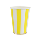 Yellow striped paper cup with gold rim birthday from Parte Haus party supply store in Bethesda MD.