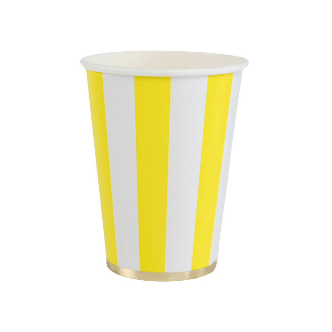 Yellow striped paper cup with gold rim birthday from Parte Haus party supply store in Bethesda MD.