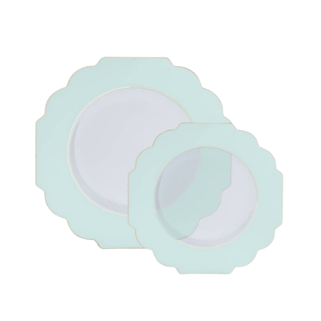 Mint scalloped edge plates with gold trim elegant tableware for birthday from Parte Haus party supply store in Bethesda Maryland
