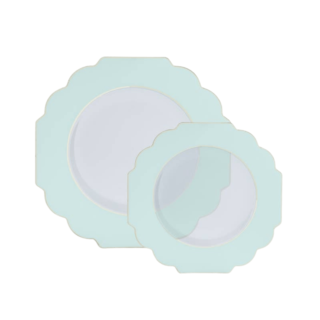 Mint scalloped edge plates with gold trim elegant tableware for birthday from Parte Haus party supply store in Bethesda Maryland