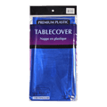Blue rectangular plastic tablecover in clear packaging for events from Parte Haus party supply store in Bethesda Maryland