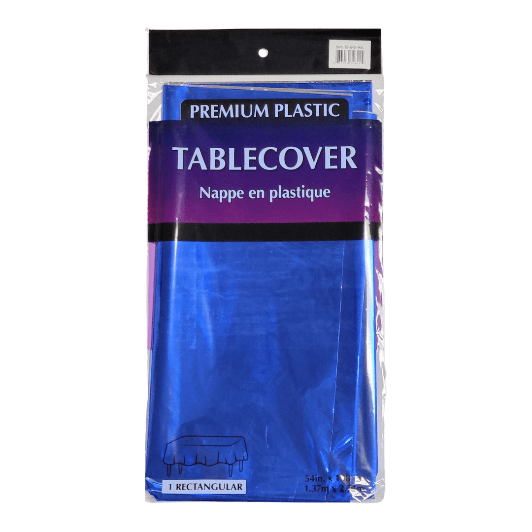 Blue rectangular plastic tablecover in clear packaging for events from Parte Haus party supply store in Bethesda Maryland