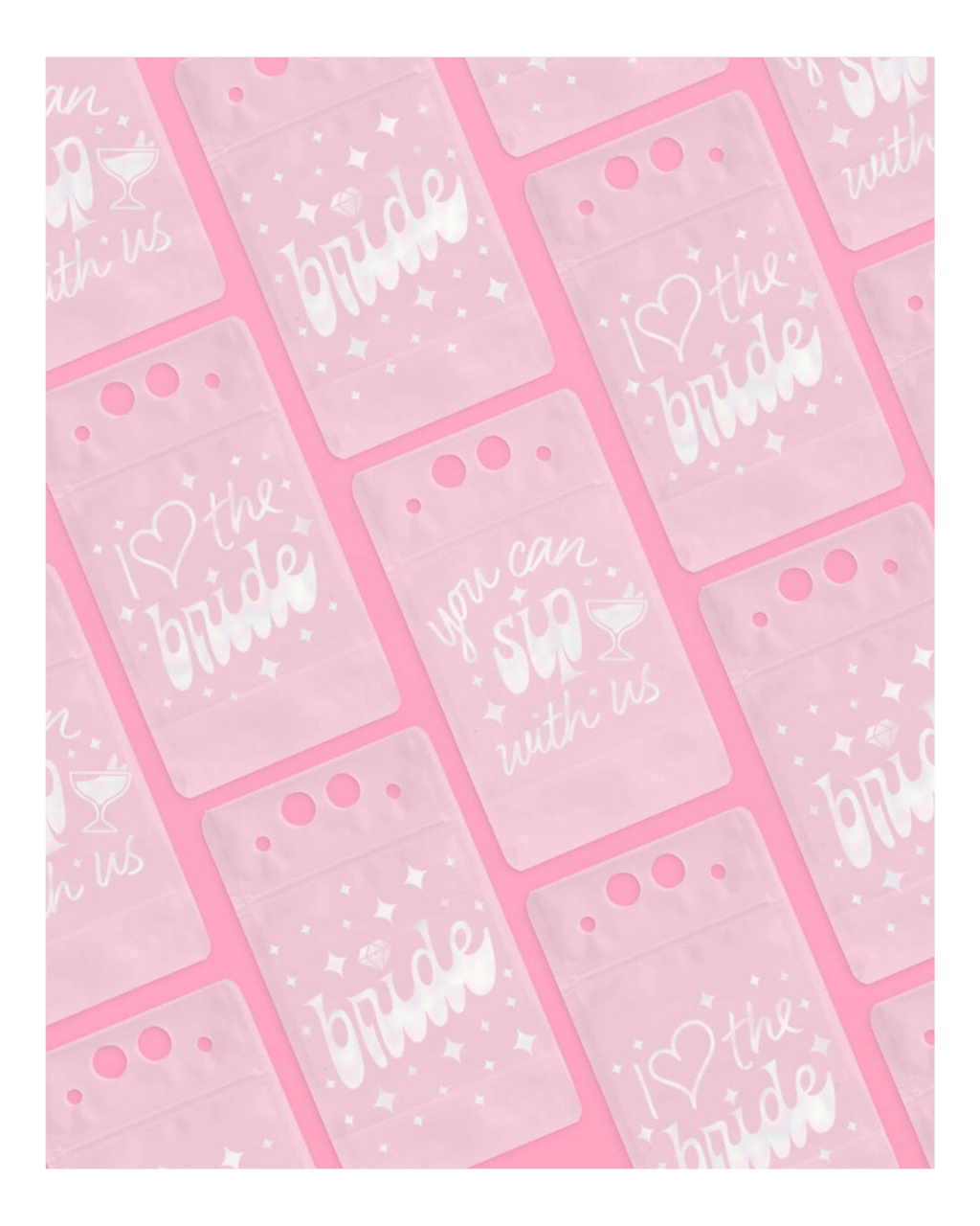 Pink bachelorette drink pouches with fun bridal sayings bridal shower theme from Parte Haus party supply store in Bethesda Maryland.