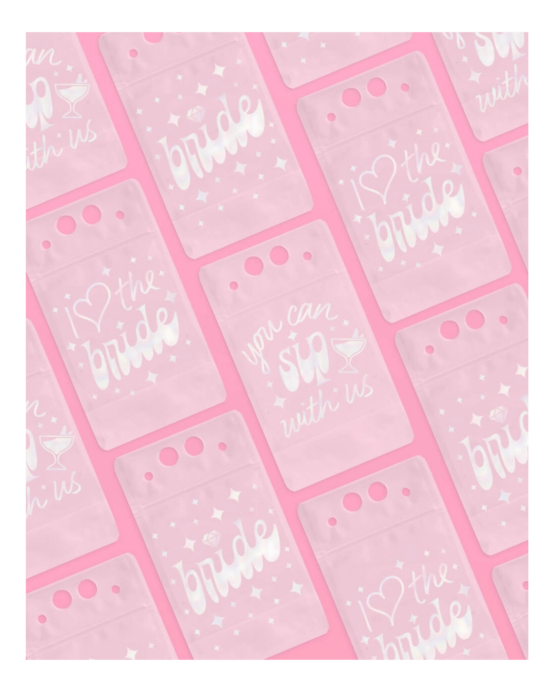 Pink bachelorette drink pouches with fun bridal sayings bridal shower theme from Parte Haus party supply store in Bethesda Maryland.