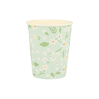 Pale green floral paper cup with white flowers for spring celebrations from Parte Haus party supply store in Bethesda MD.