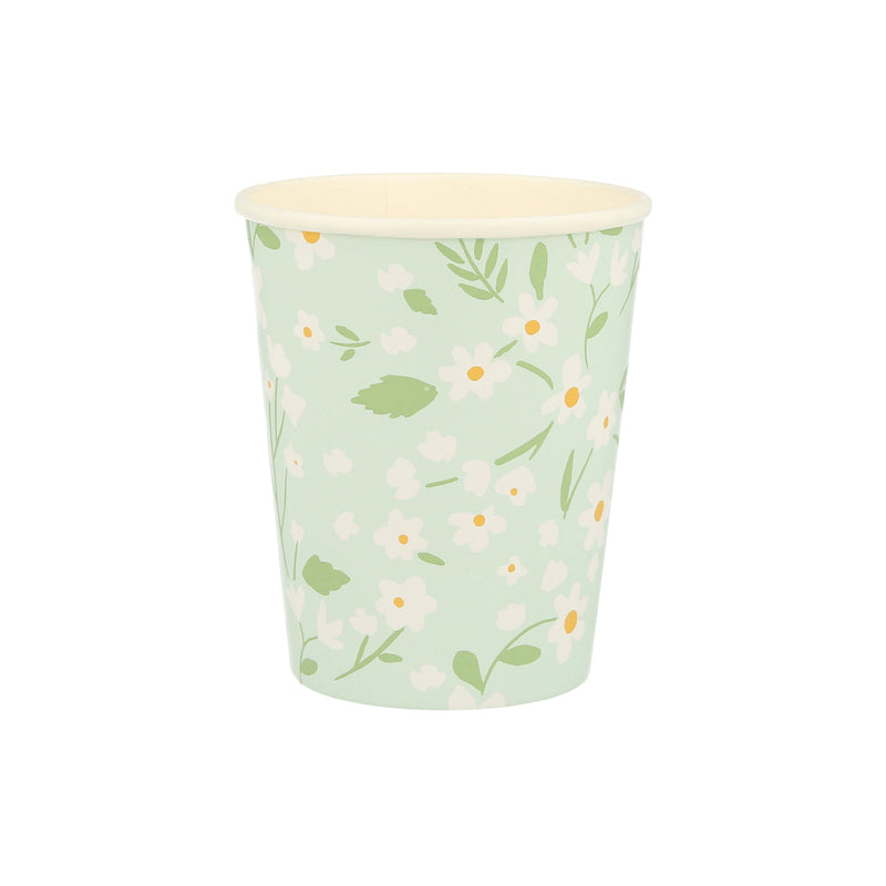Pale green floral paper cup with white flowers for spring celebrations from Parte Haus party supply store in Bethesda MD.