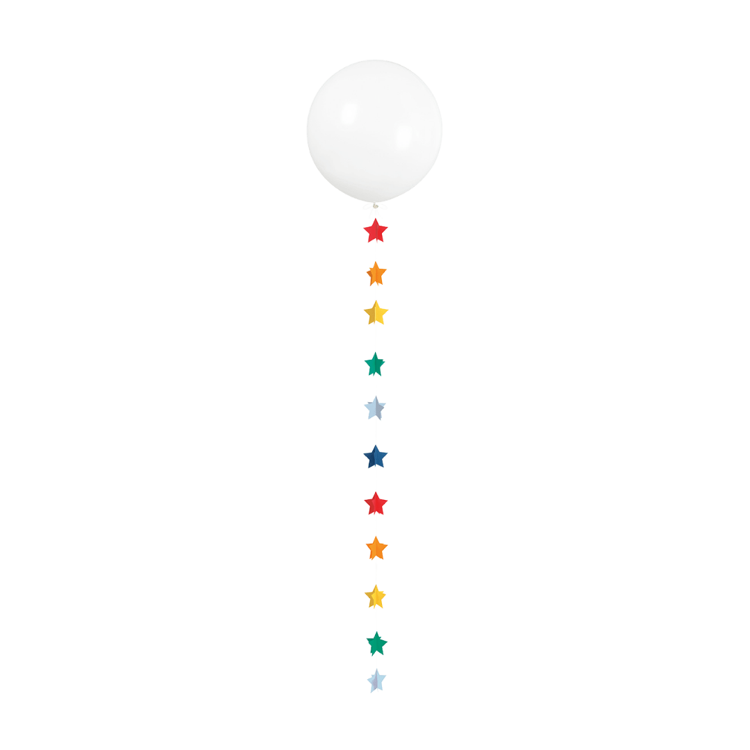 White balloon with rainbow star garland birthday decor from Parte Haus party supply store in Bethesda MD
