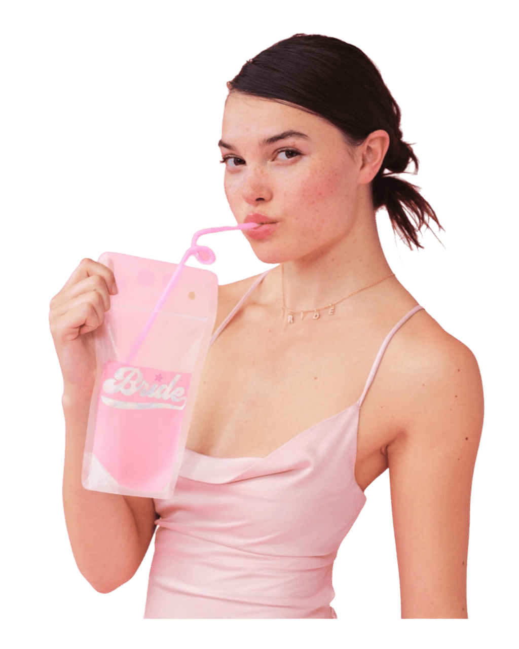 Pink bride drink pouch with heart straw for bachelorette from Parte Haus party supply store in Bethesda Maryland