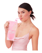 Pink bride drink pouch with heart straw for bachelorette from Parte Haus party supply store in Bethesda Maryland