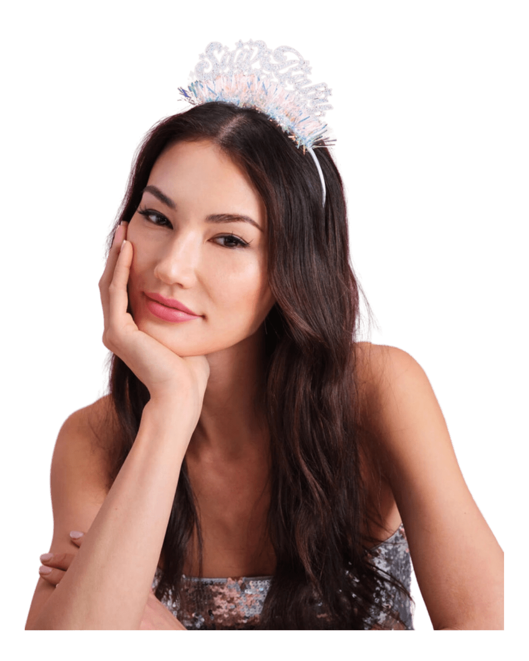 Silver glitter Happy New Year tiara on woman for New Year's Eve from Parte Haus party supply store in Bethesda Maryland