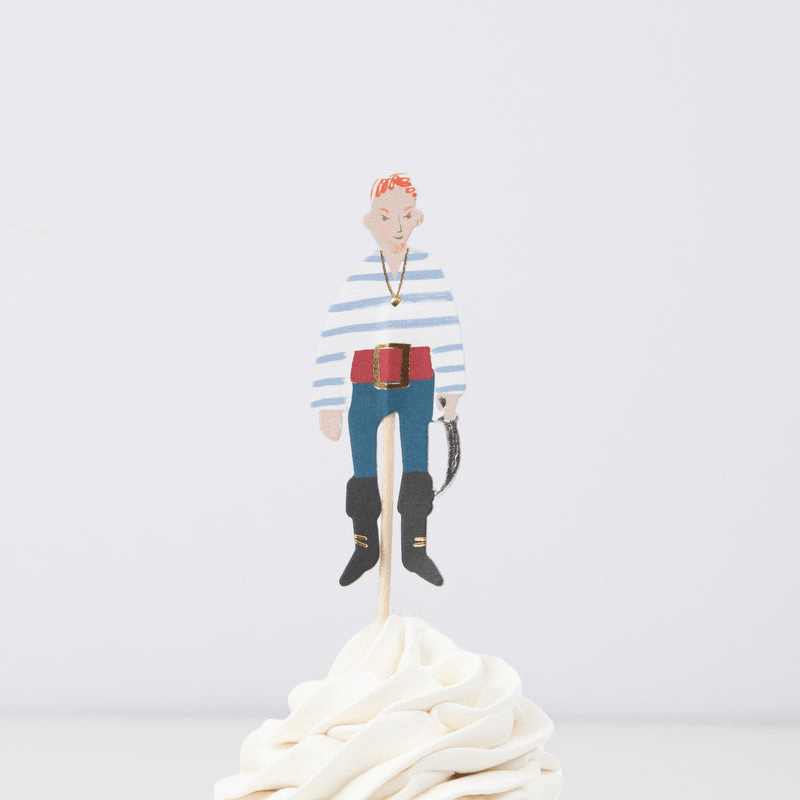 Blue and white pirate cupcake topper with striped shirt for birthday theme from Parte Haus party supply store in Bethesda MD