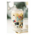 clear sticker glass cup with colorful icons and iced coffee for general celebration from Parte Haus party supply store in Bethesda Maryland