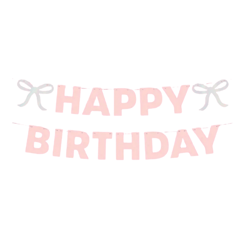 Pink happy birthday banner with bows birthday decoration from Parte Haus party supply store in Bethesda MD