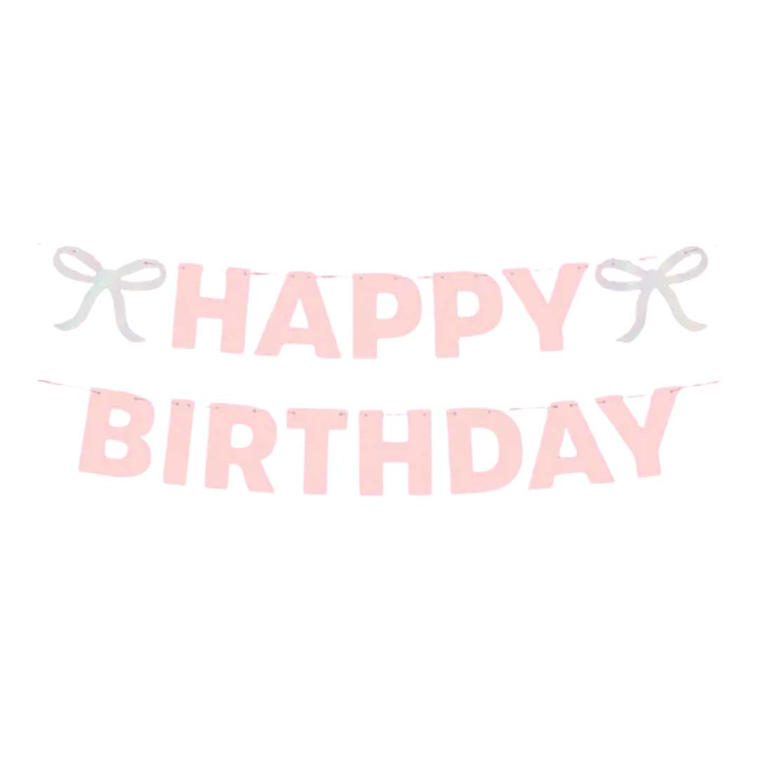 Pink happy birthday banner with bows birthday decoration from Parte Haus party supply store in Bethesda MD