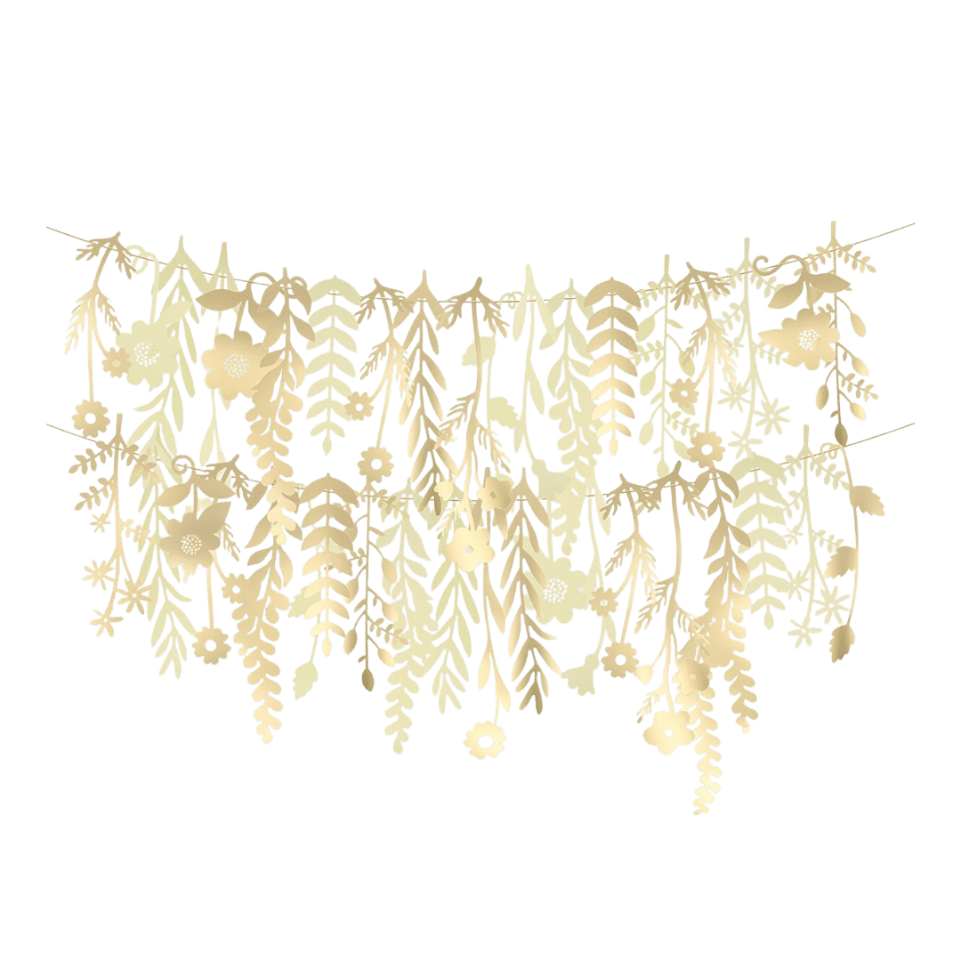 gold floral garland banner with leaf cutouts botanical theme from Parte Haus party supply store in Bethesda Maryland