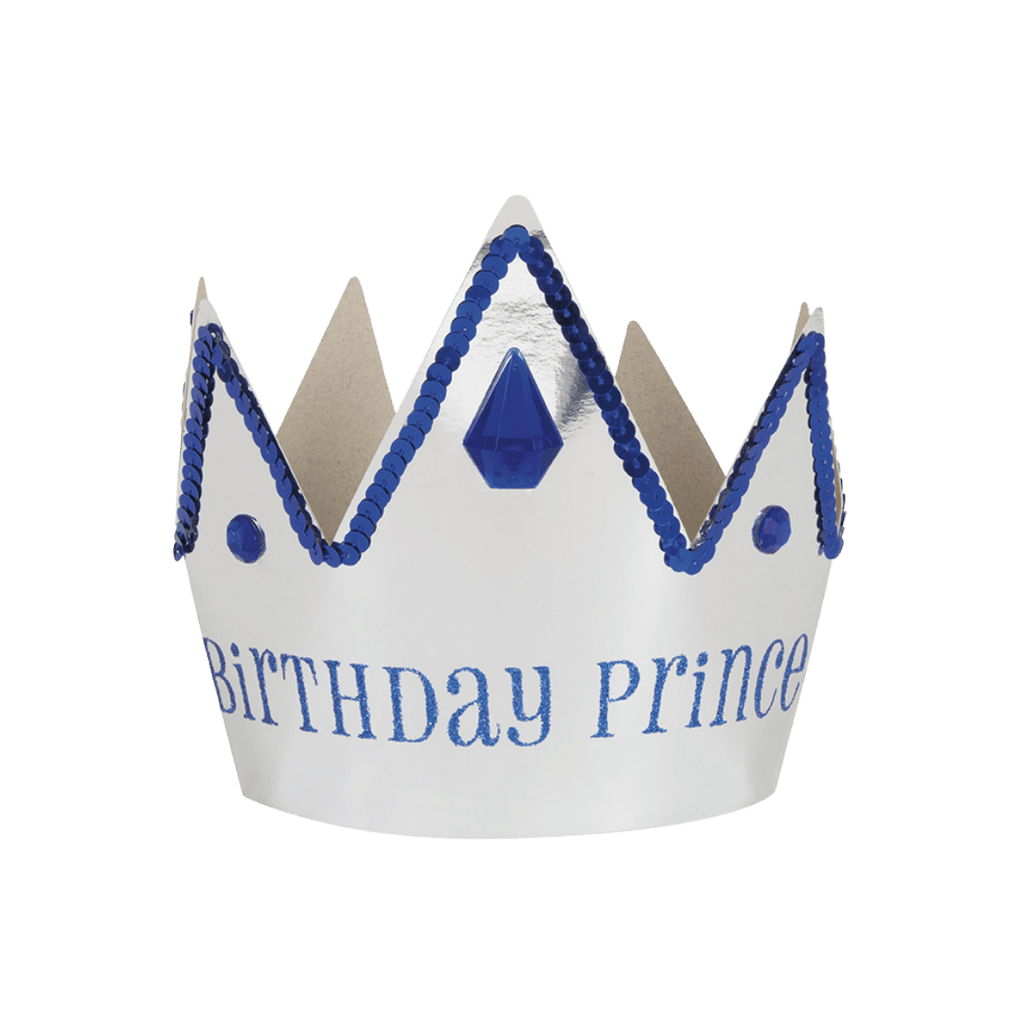 Blue and silver birthday crown with jewel accents for birthday theme from Parte Haus party supply store in Bethesda Maryland