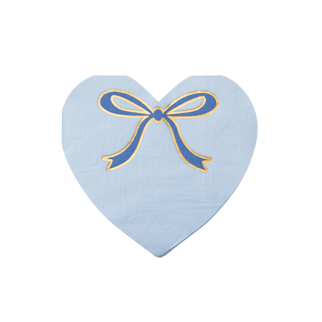 Blue heart-shaped napkin with gold and blue ribbon design birthday theme from Parte Haus party supply store in Bethesda MD