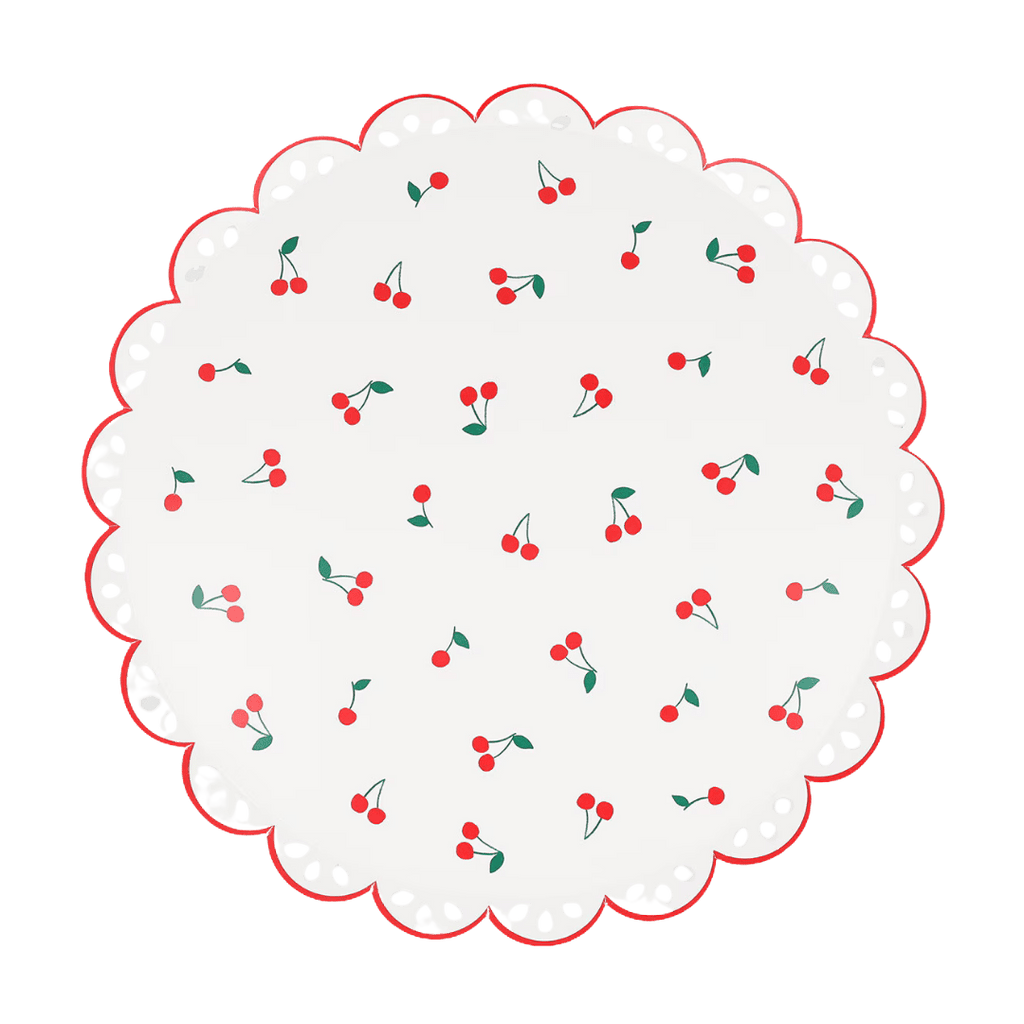 White cherry print round paper plate with scalloped edge summer picnic theme from Parte Haus party supply store in Bethesda MD