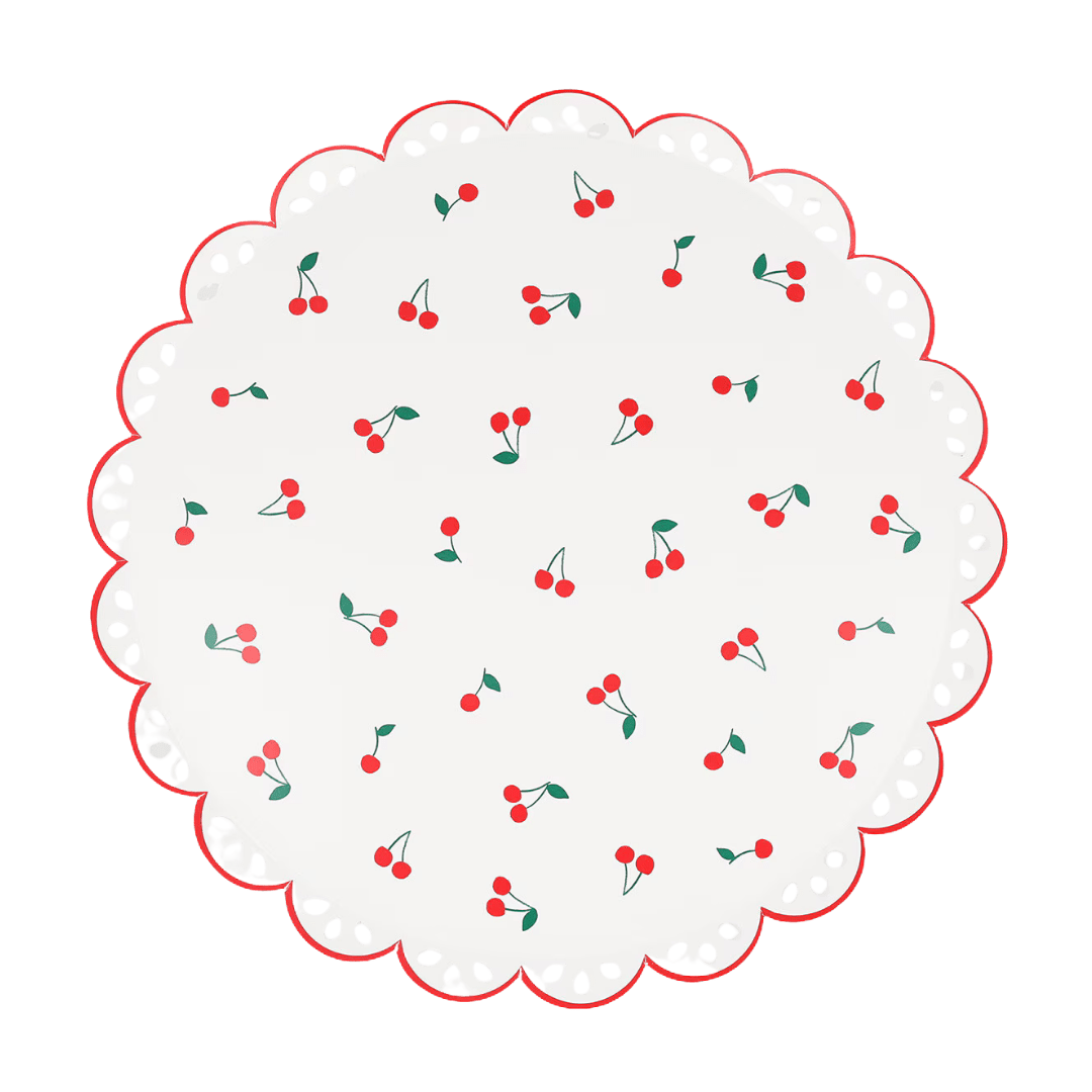 White cherry print round paper plate with scalloped edge summer picnic theme from Parte Haus party supply store in Bethesda MD