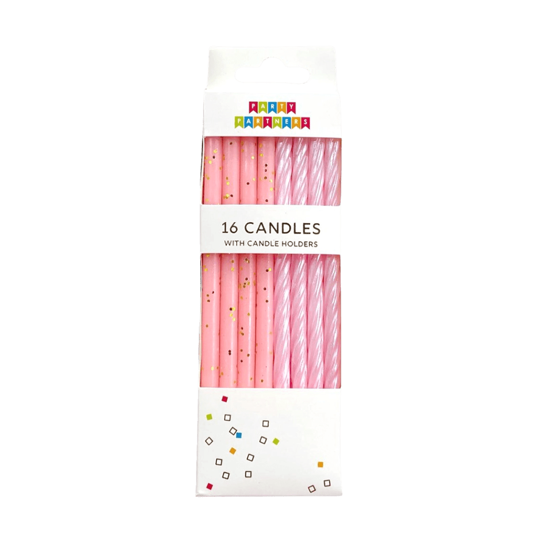 Pink birthday candles with gold confetti design from Parte Haus party supply store in Bethesda Maryland