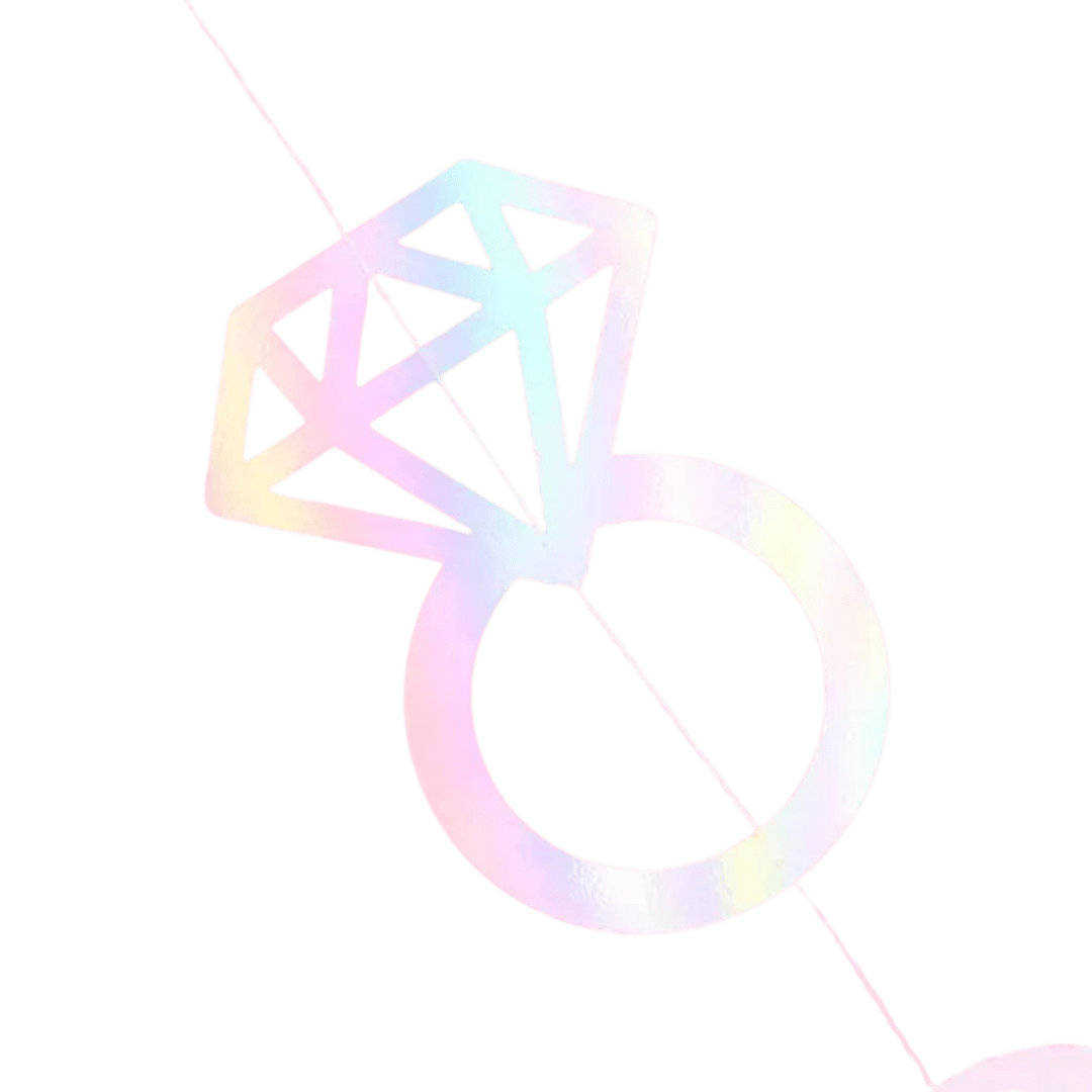 Iridescent diamond ring banner bridal shower decoration from Parte Haus party supply store in Bethesda Maryland