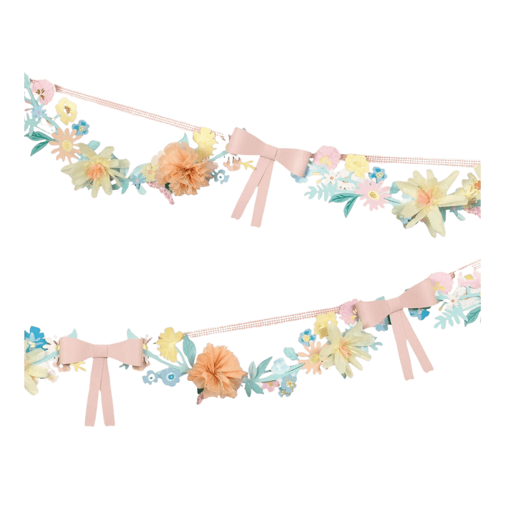 Pastel floral garland with pink bows for spring from Parte Haus party supply store in Bethesda MD