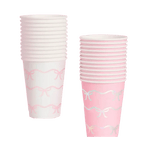 Pink and white paper cups with bow designs birthday theme from Parte Haus party supply store in Bethesda Maryland