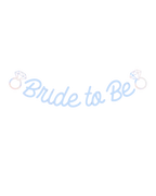 Pastel blue Bride to Be banner with rings bridal shower theme from Parte Haus party supply store in Bethesda Maryland