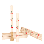Ivory cherry print taper candles with red cherry design summer theme from Parte Haus party supply store in Bethesda Maryland