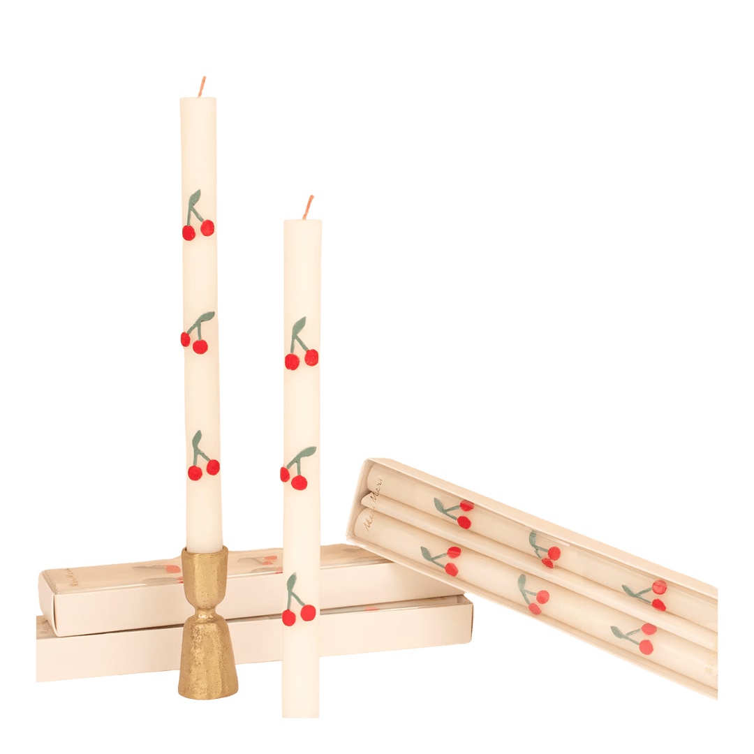 Ivory cherry print taper candles with red cherry design summer theme from Parte Haus party supply store in Bethesda Maryland
