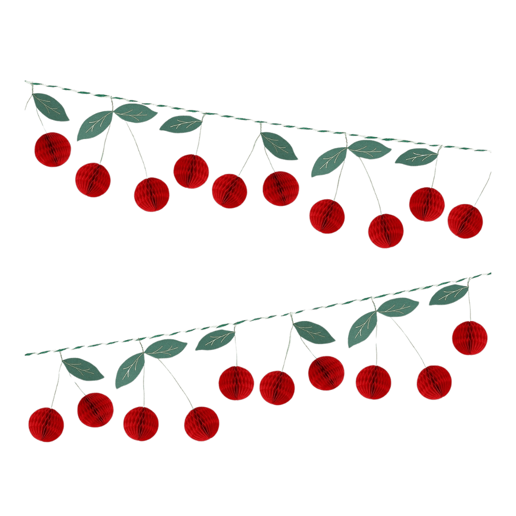Red cherry garland with paper cherries and green leaves summer fruit theme from Parte Haus party supply store in Bethesda Maryland