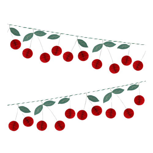 Red cherry garland with paper cherries and green leaves summer fruit theme from Parte Haus party supply store in Bethesda Maryland
